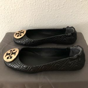 Tory Burch Quilted Minnie Black Flats, Size 6